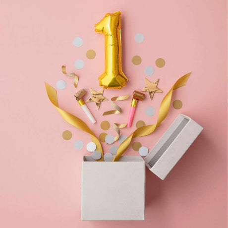 number 1 birthday balloon in surprise box