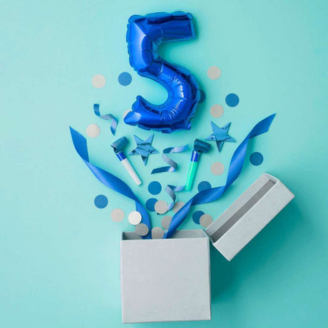 five birthday balloon with birthday surprise box