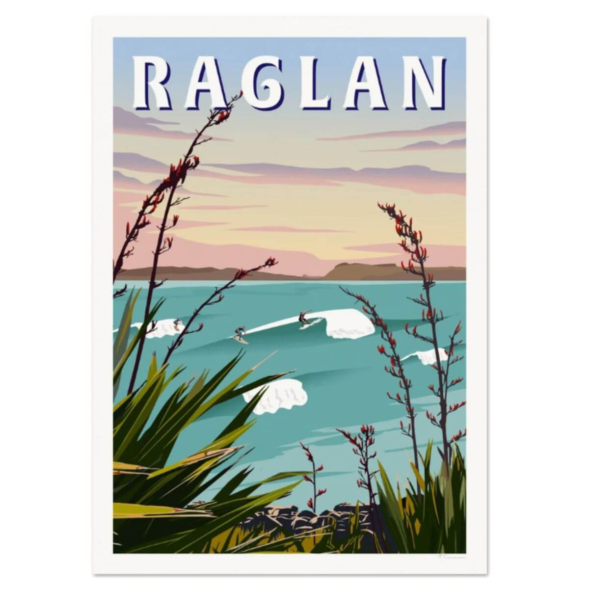 A4 Travel Poster - Raglan Manu Bay - Funky Gifts NZ