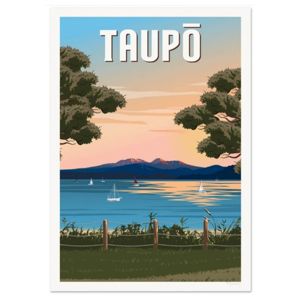 A4 Travel Poster - Taupo Sunset Peaks - Funky Gifts NZ