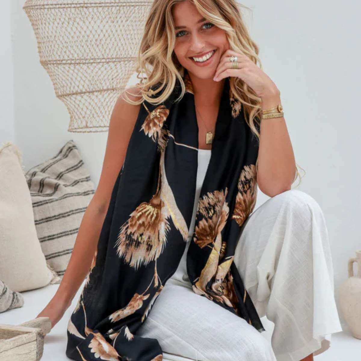 Whisper Bloom Black Scarf - Funky Gifts NZ