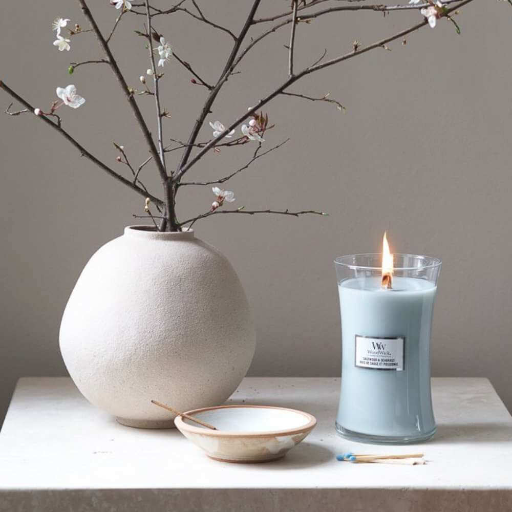 Large WoodWick Scented Soy Candle - Sagewood & Seagrass - Funky Gifts NZ