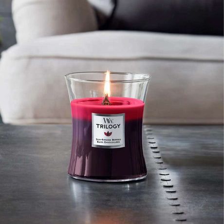 Medium Trilogy WoodWick Scented Soy Candle - Sun Ripened Berries - Funky Gifts NZ