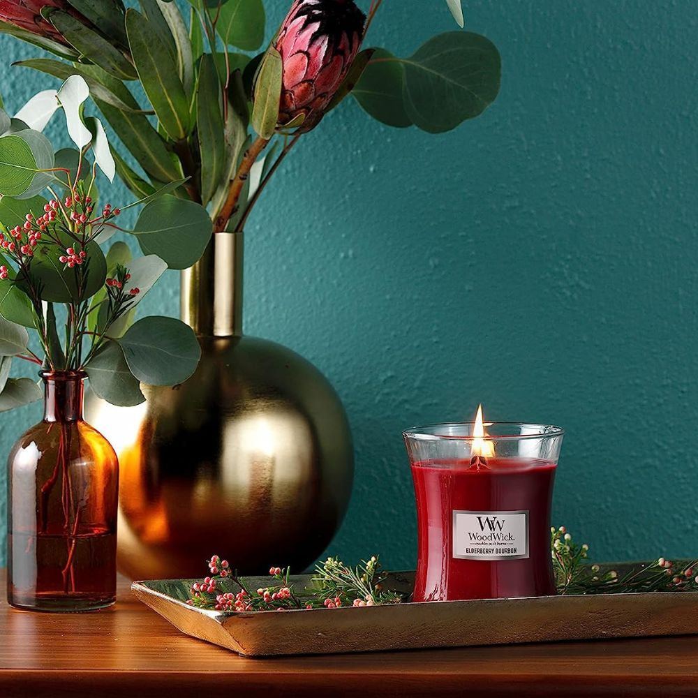 Medium WoodWick Scented Soy Candle - Elderberry Bourbon - Funky Gifts NZ