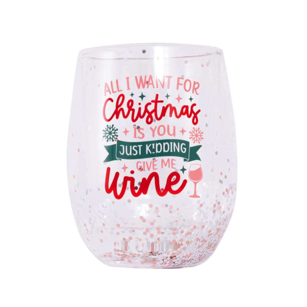 Christmas Give Me Wine Stemless Glass - Funky Gifts NZ