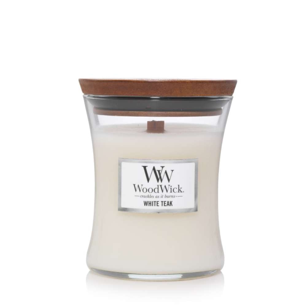 Medium WoodWick Scented Soy Candle - White Teak - Funky Gifts NZ