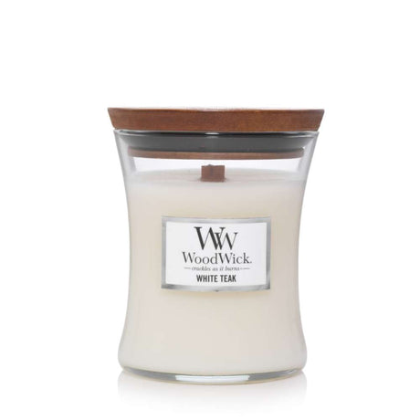Medium WoodWick Scented Soy Candle - White Teak - Funky Gifts NZ