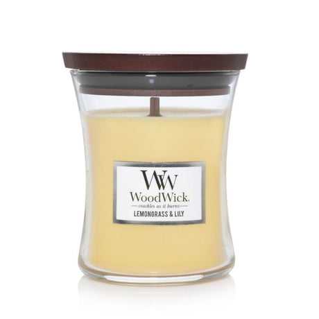 Medium WoodWick Scented Soy Candle - Lemongrass & Lily - Funky Gifts NZ