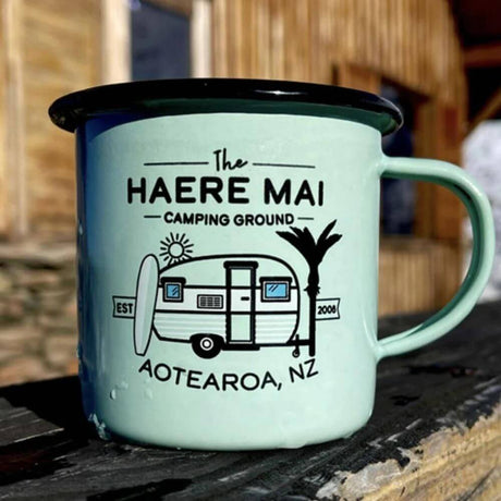 Haere Mai enamel mug designed in NZ