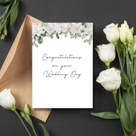 Wedding Greeting Card on envelope with flowers in background