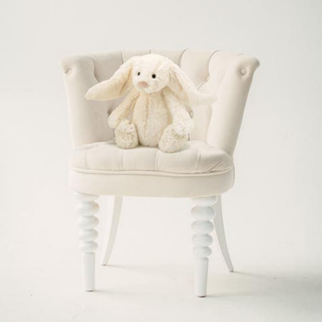 JellyCat Bunny sitting on chair