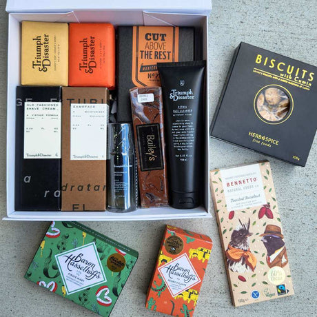 ultimate gift box for him with treats, skin care and grooming products for him