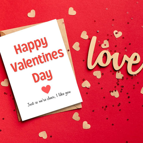 Happy Valentines Day Card on red background with love and hearts