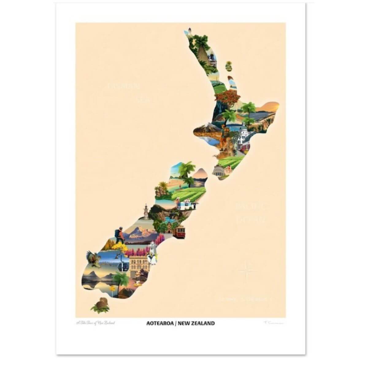 A3 Travel Poster - Aotearoa New Zealand Map Beige - Funky Gifts NZ
