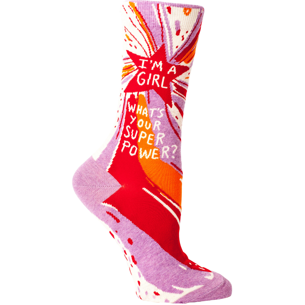 Blue Q Socks – Women's Crew – I'm A Girl, What's Your Superpower? - Funky Gifts NZ