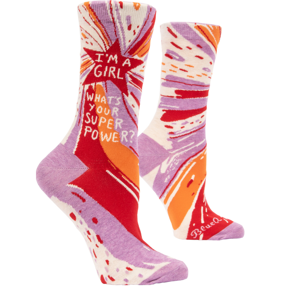 Blue Q Socks – Women's Crew – I'm A Girl, What's Your Superpower? - Funky Gifts NZ