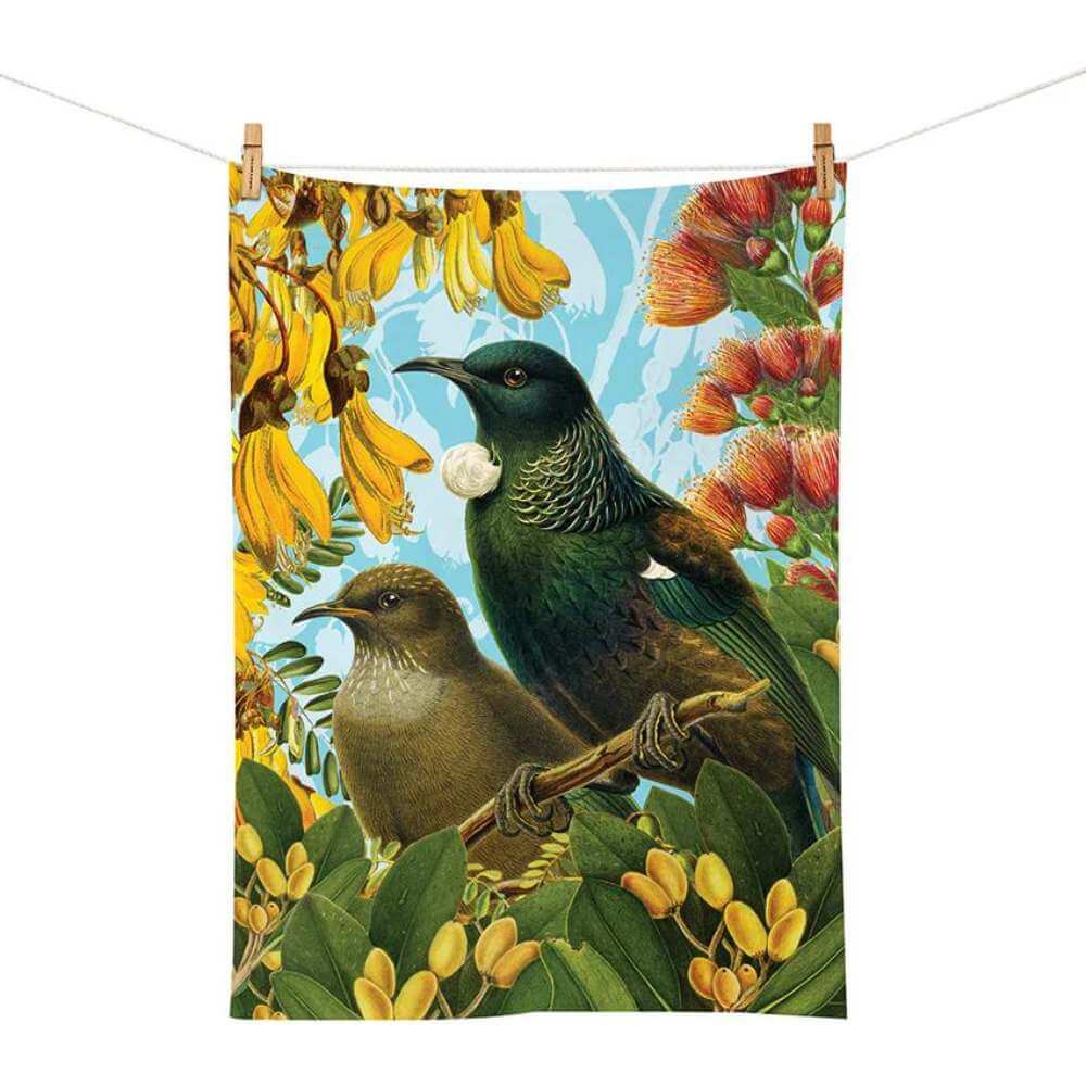 Botanical Tui Tea Towel - Funky Gifts NZ