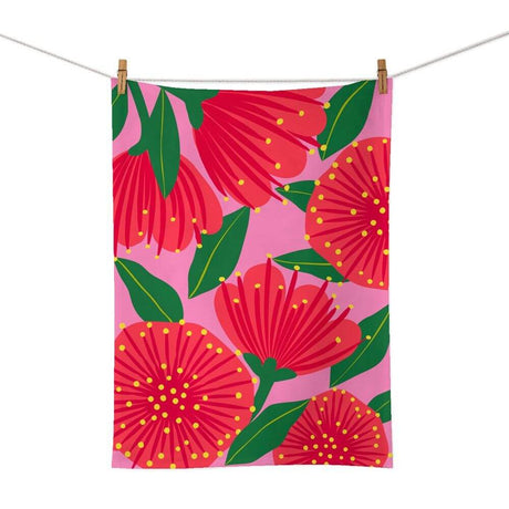 Bright Botanical Pink Pohutukawa Tea Towel - Funky Gifts NZ