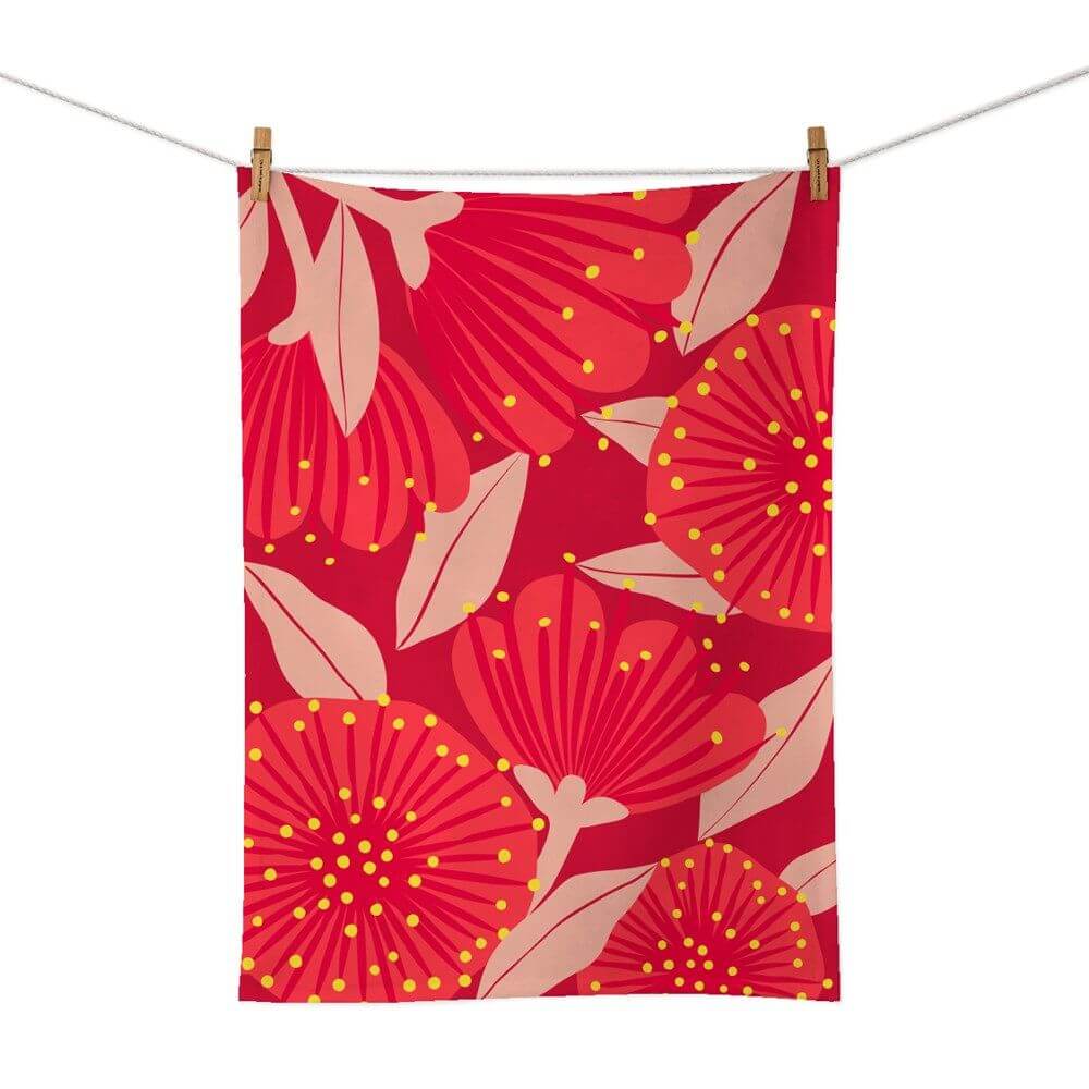 Bright Botanical Red Pohutukawa Tea Towel - Funky Gifts NZ