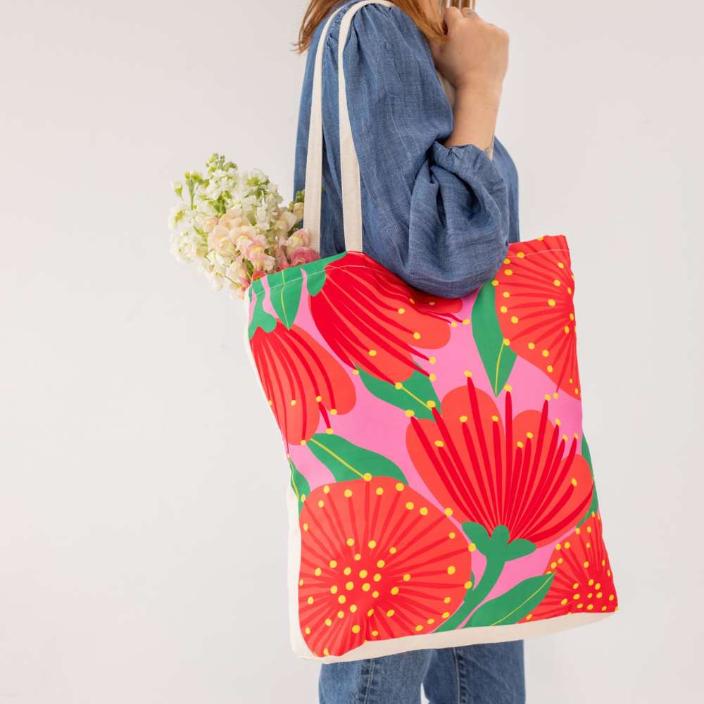 Bright Botanical Pink Pohutukawa Shopping Bag - Funky Gifts NZ