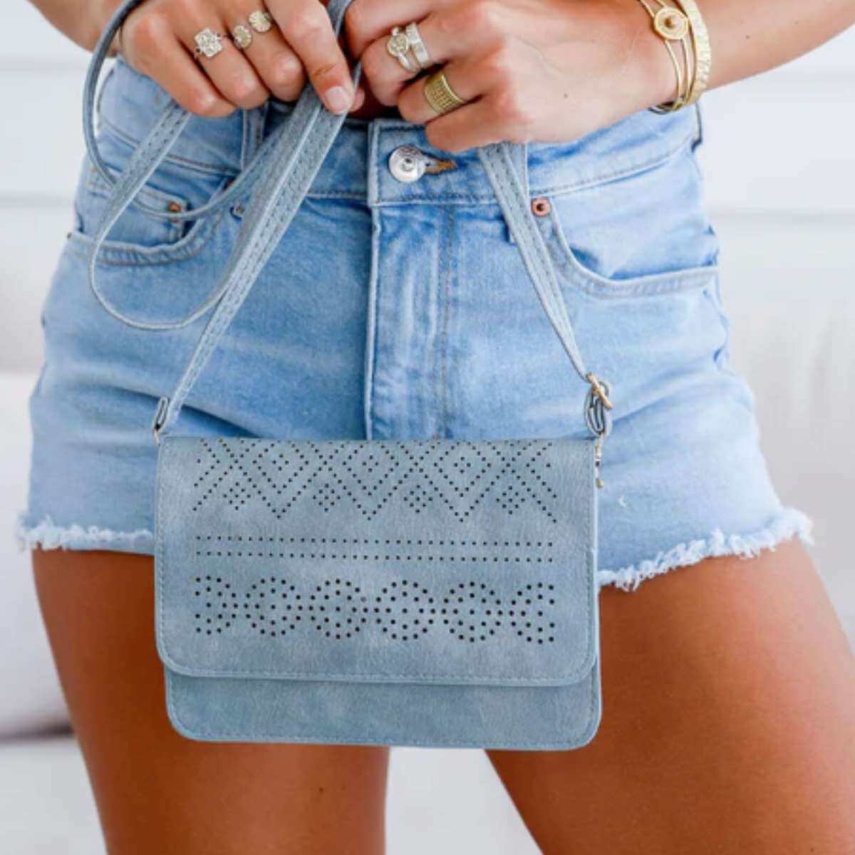 Dot Dash Laser Cut Bag - Denim - Funky Gifts NZ