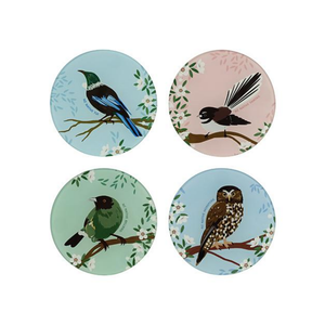 Native Skies Glass Coasters Set of 4 featuring fantail, ruru, tui and bluebird from funky gifts nz