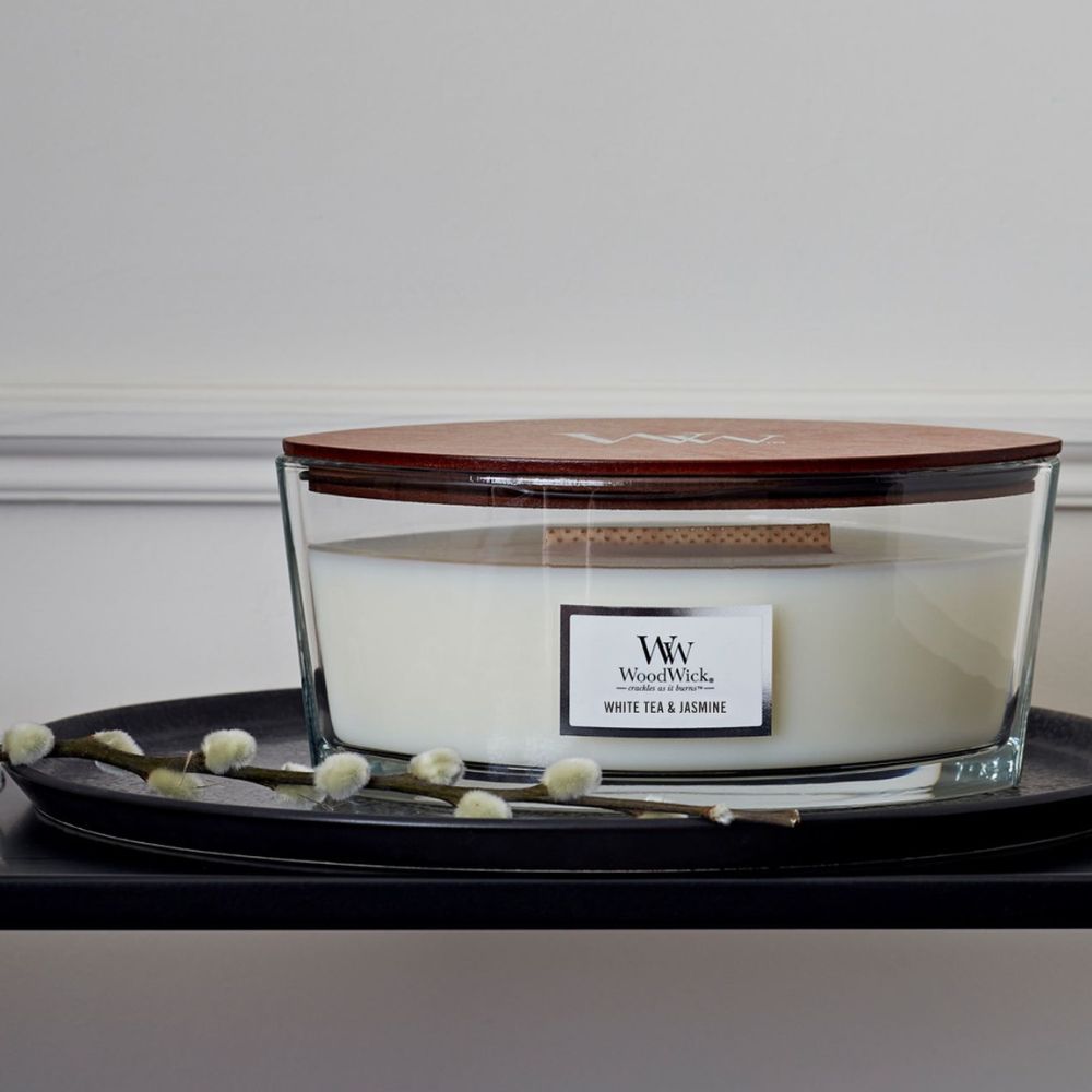 Ellipse WoodWick Scented Soy Candle - White Tea & Jasmine - Funky Gifts NZ