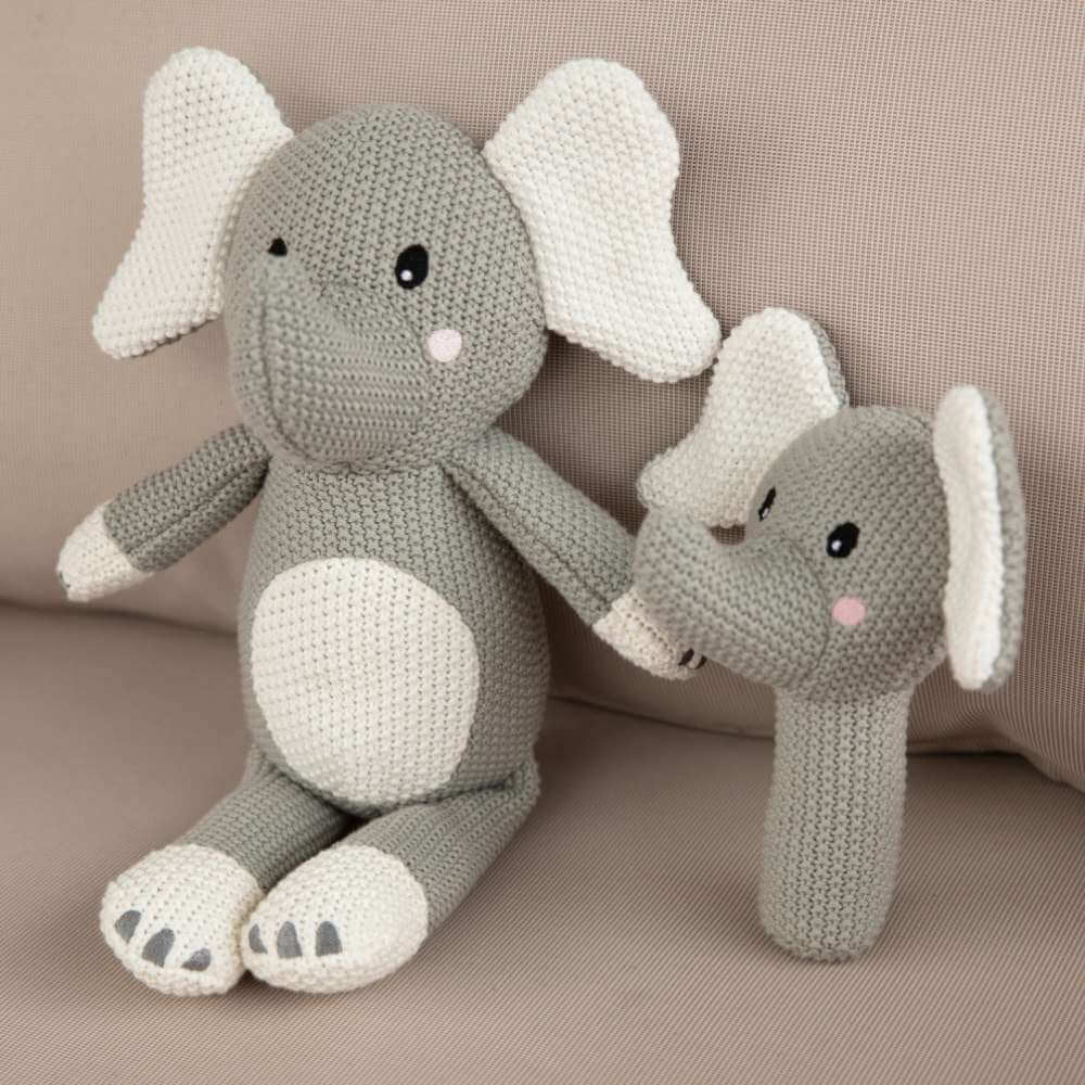 Knitted Baby Toy & Rattle Set Elephant - Funky Gifts NZ