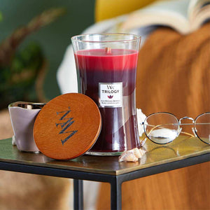 Large Trilogy WoodWick Scented Soy Candle - Sun Ripened Berries - Funky Gifts NZ