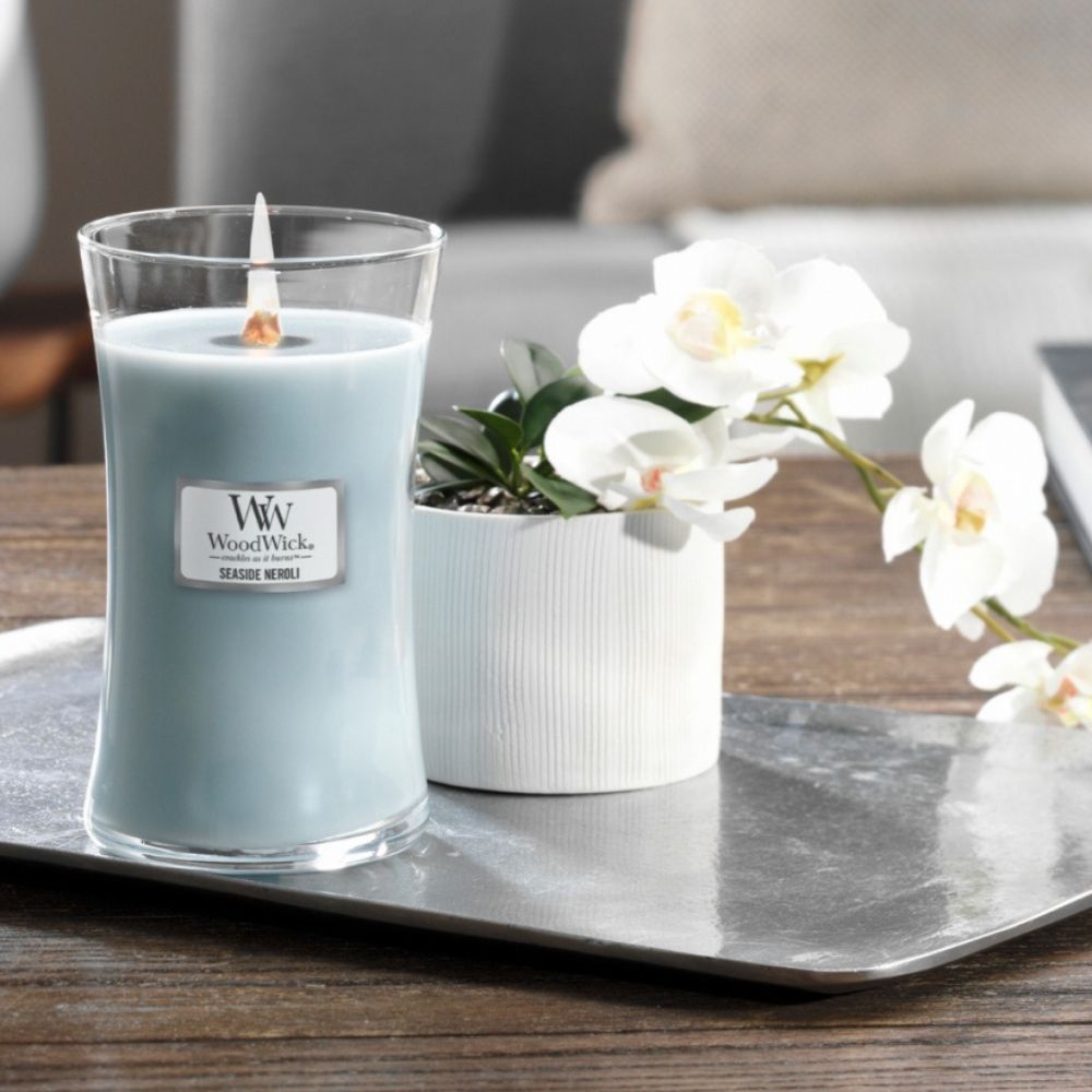 Large WoodWick Scented Soy Candle - Seaside Neroli - Funky Gifts NZ