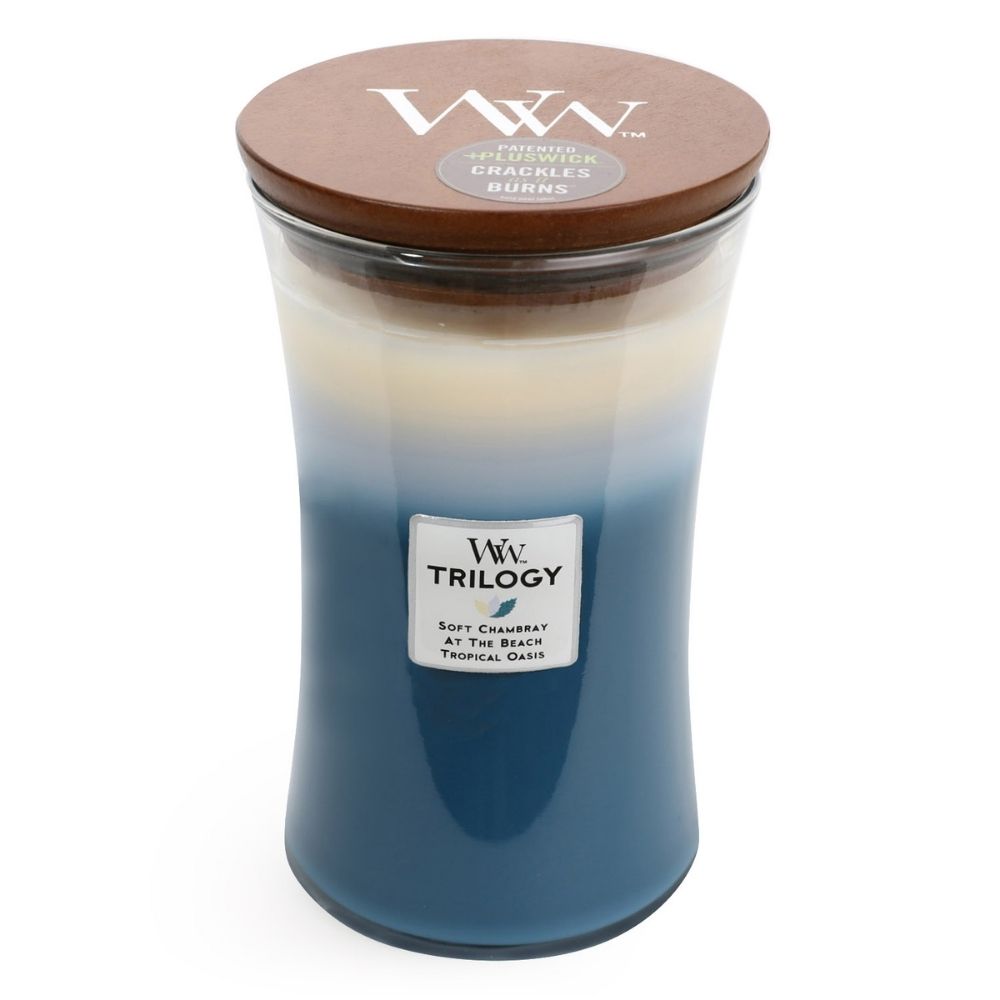 Large Trilogy WoodWick Scented Soy Candle - Beachfront Cottage - Funky Gifts NZ