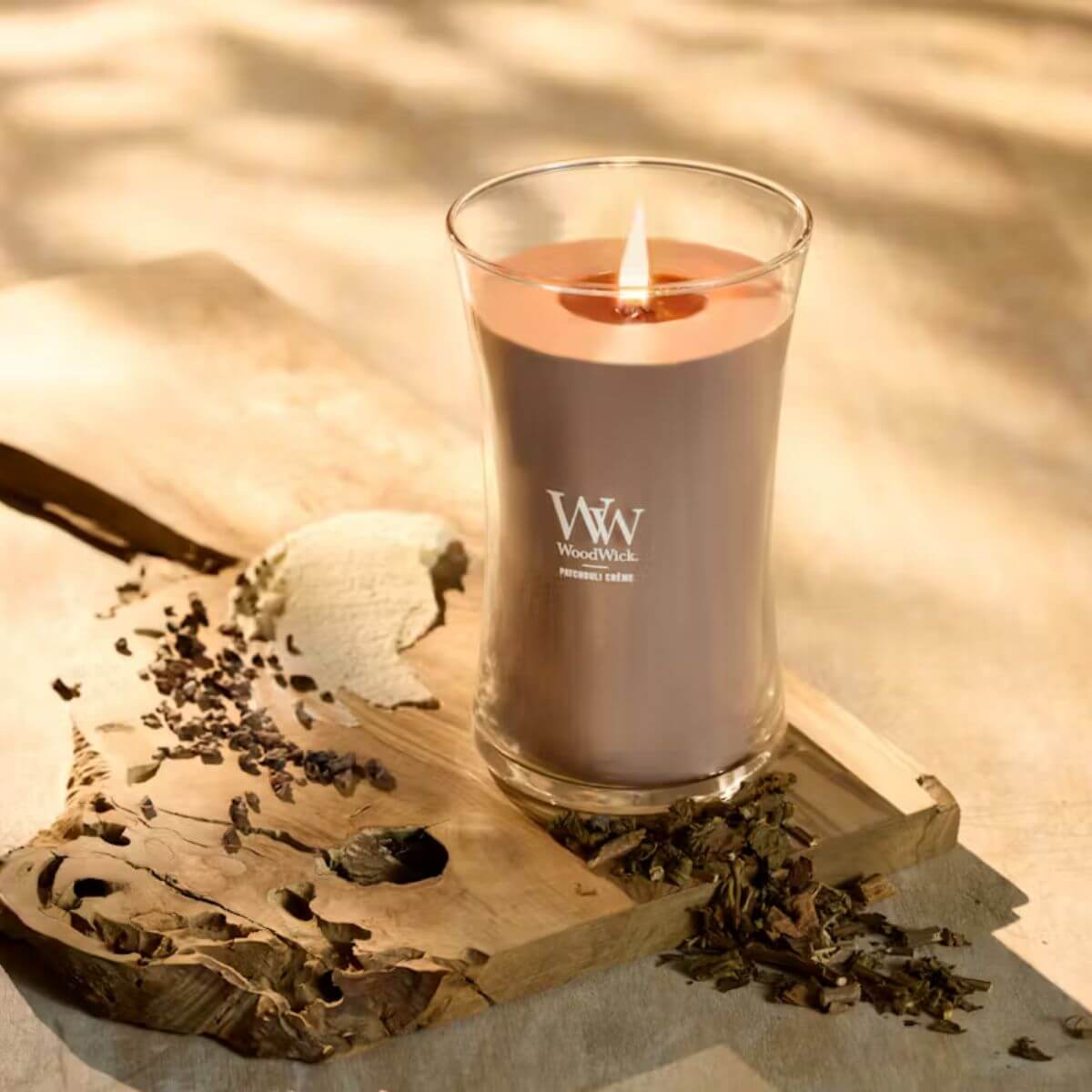 Large WoodWick Scented Soy Candle - Patchouli Creme - Funky Gifts NZ