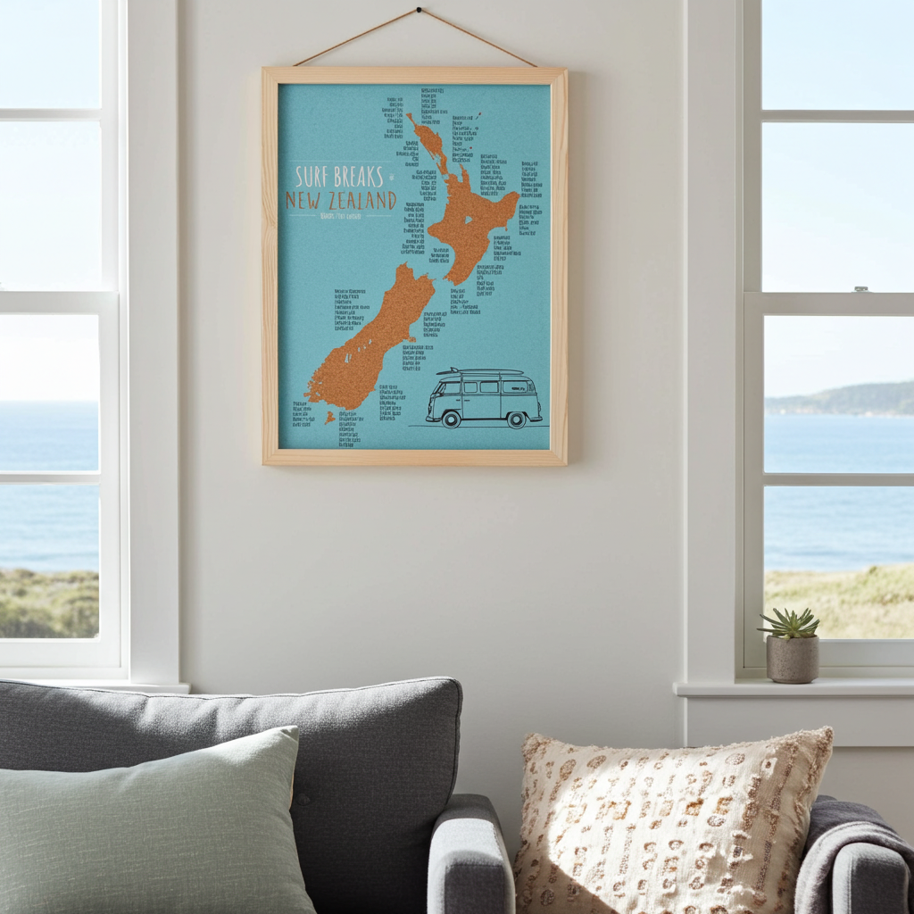 Moana Road - A3 New Zealand Cork Map Surf Break - Funky Gifts NZ