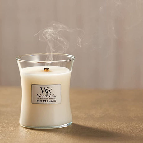 Medium WoodWick Scented Soy Candle - White Tea & Jasmine - Funky Gifts NZ