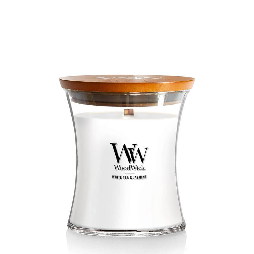 Medium WoodWick Scented Soy Candle - White Tea & Jasmine - Funky Gifts NZ