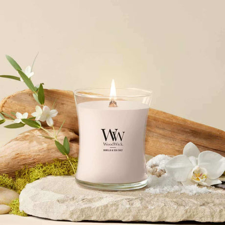 Medium WoodWick Scented Soy Candle - Vanilla & Sea Salt - Funky Gifts NZ