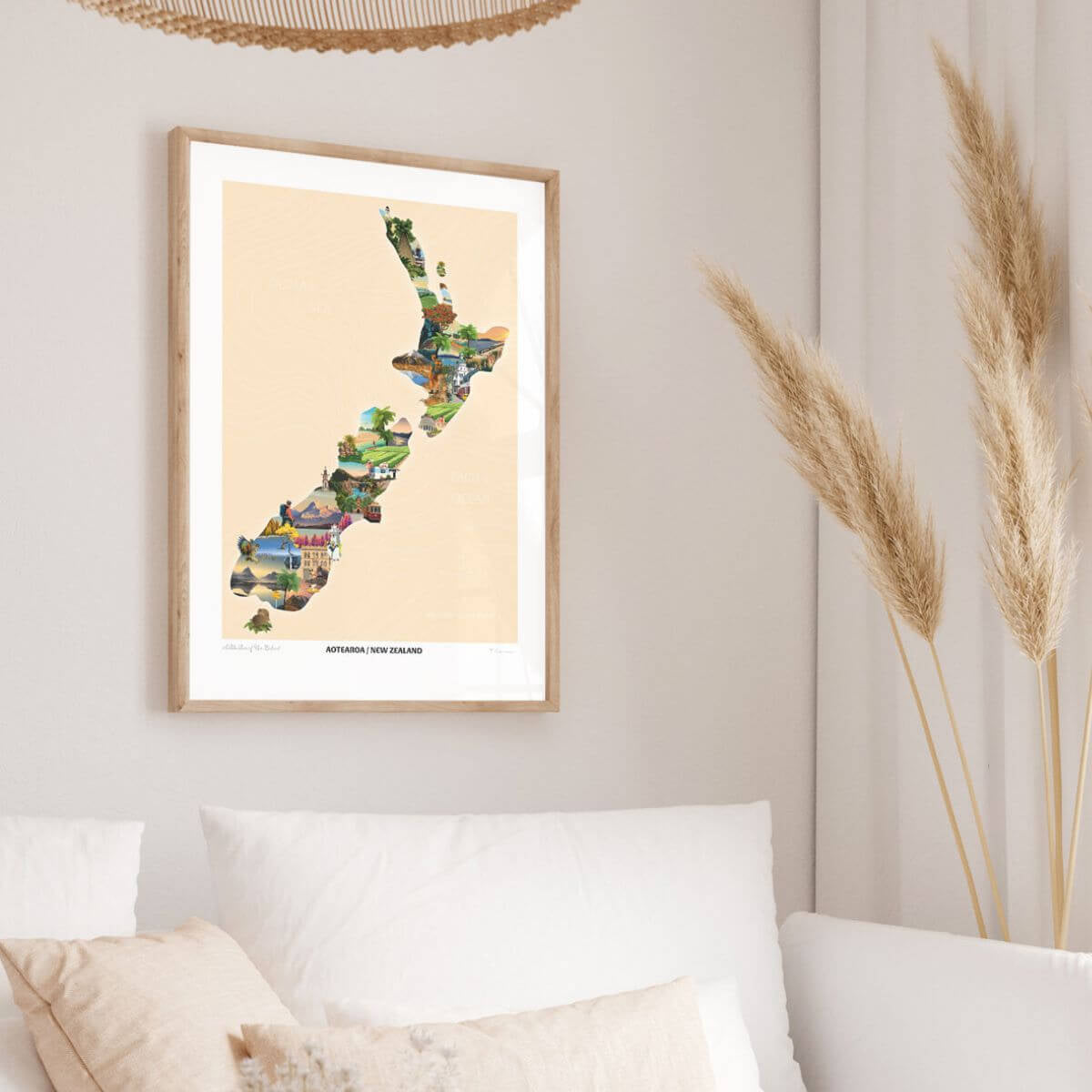 A3 Travel Poster - Aotearoa New Zealand Map Beige - Funky Gifts NZ