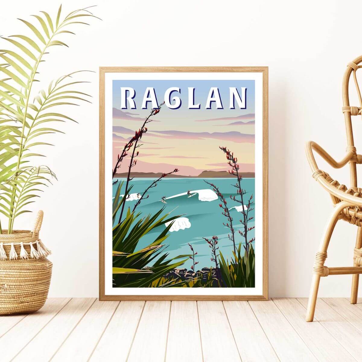 A4 Travel Poster - Raglan Manu Bay - Funky Gifts NZ