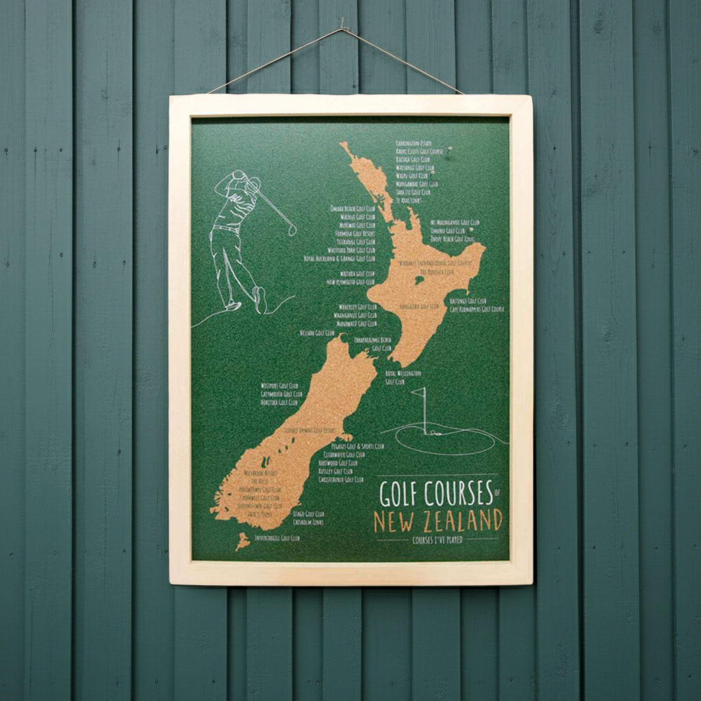 Moana Road - A3 New Zealand Cork Map - Golf Courses - Funky Gifts NZ