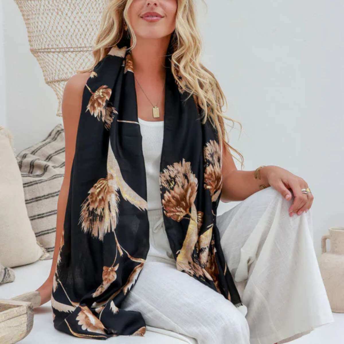 Whisper Bloom Black Scarf - Funky Gifts NZ
