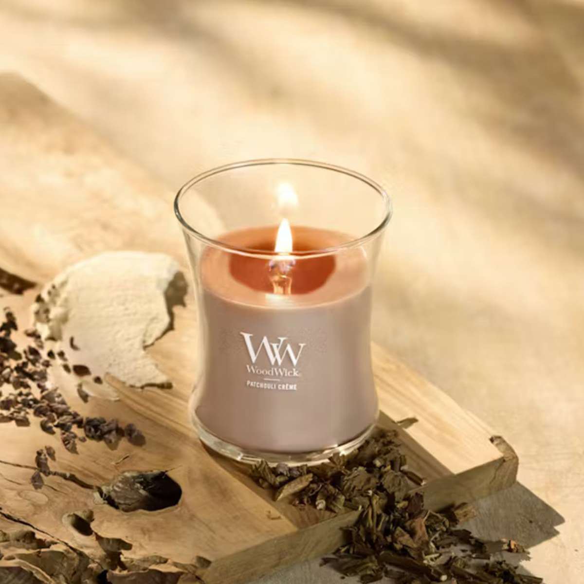 Medium WoodWick Scented Soy Candle - Patchouli Creme - Funky Gifts NZ
