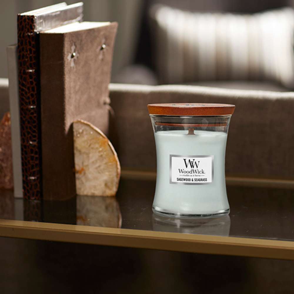 Medium WoodWick Scented Soy Candle - Sagewood & Seagrass - Funky Gifts NZ