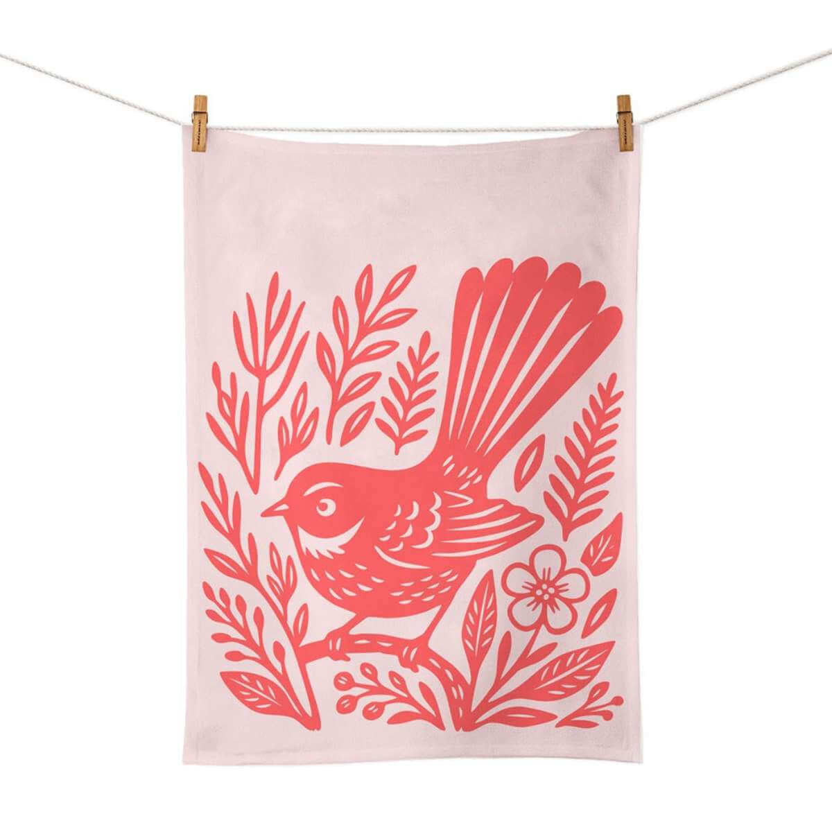 Woodcut Fantail Tea Towel - Funky Gifts NZ