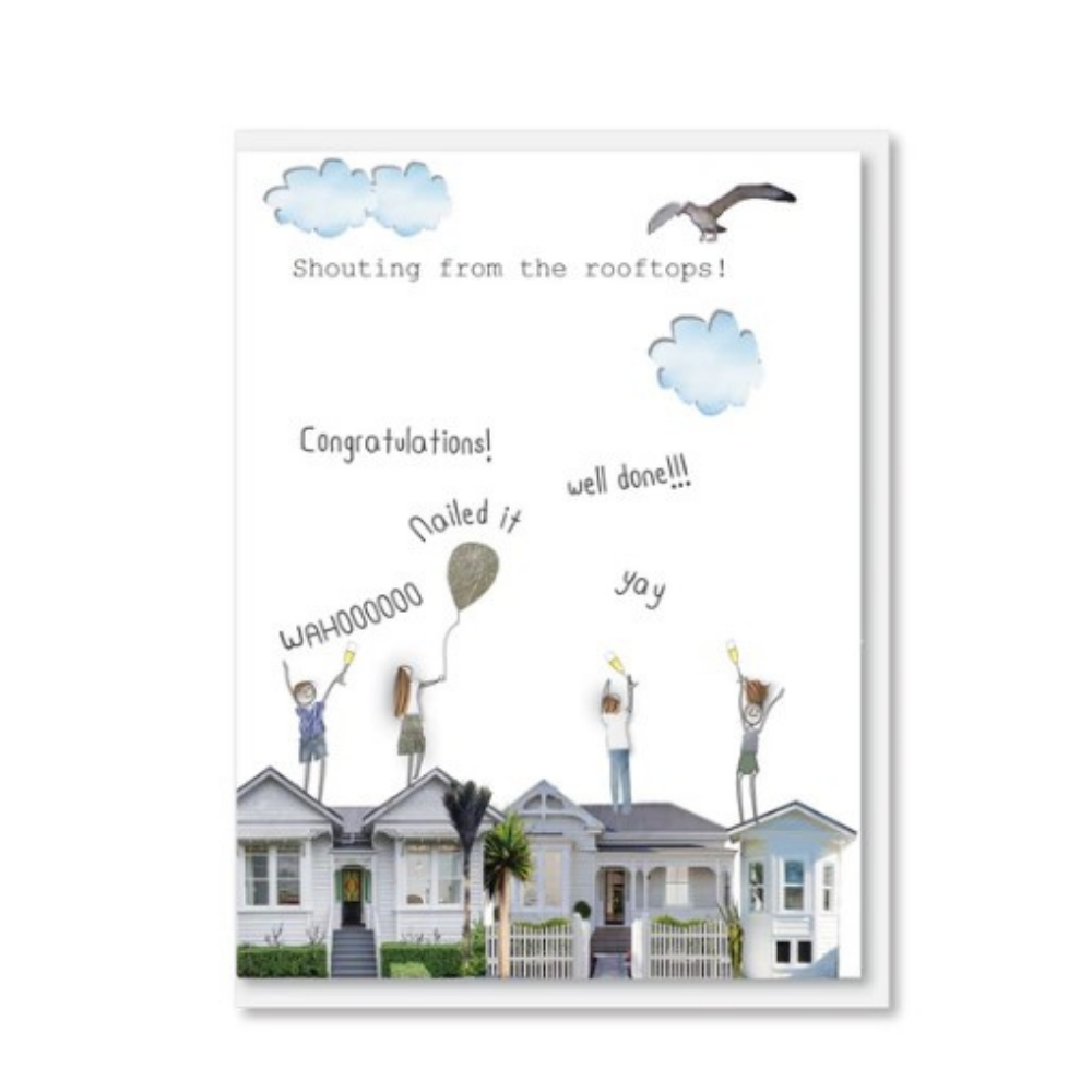 NZ MADE Greeting Card - Shouting From The Rooftops! Congratulations - Funky Gifts NZ