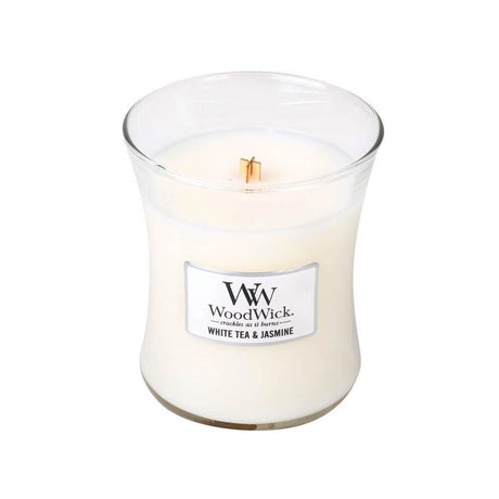 Medium WoodWick Scented Soy Candle - White Tea & Jasmine - Funky Gifts NZ