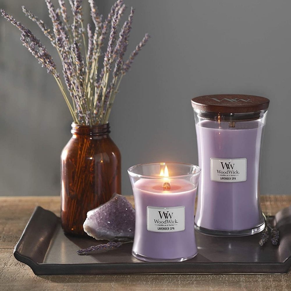 Medium WoodWick Scented Soy Candle - Lavender Spa - Funky Gifts NZ