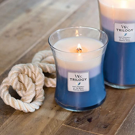 Medium Trilogy WoodWick Scented Soy Candle - Beachfront Cottage - Funky Gifts NZ