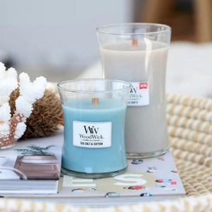 Medium WoodWick Scented Soy Candle - Sea Salt & Cotton - Funky Gifts NZ