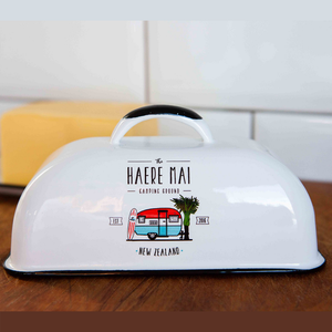 Moana Road Butter Dish in White featuring The Haere Mai Camping ground and a cute retro caravan