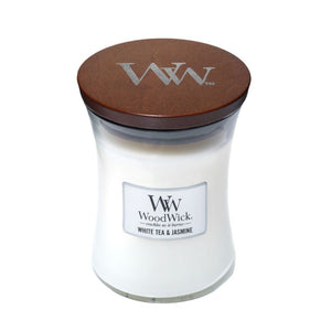 Medium WoodWick Scented Soy Candle - White Tea & Jasmine - Funky Gifts NZ